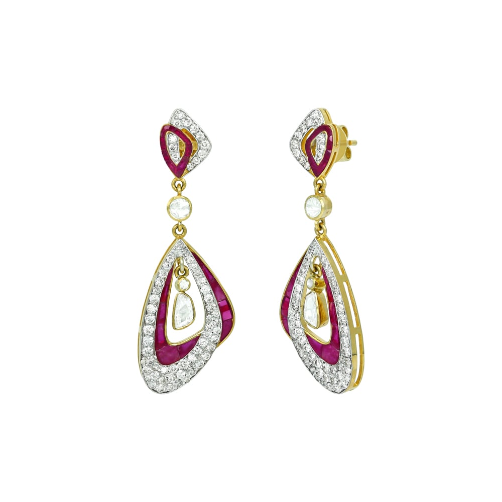 Ruby Colourstone Inlay Drop Earrings with Polki Center and Diamond Accents